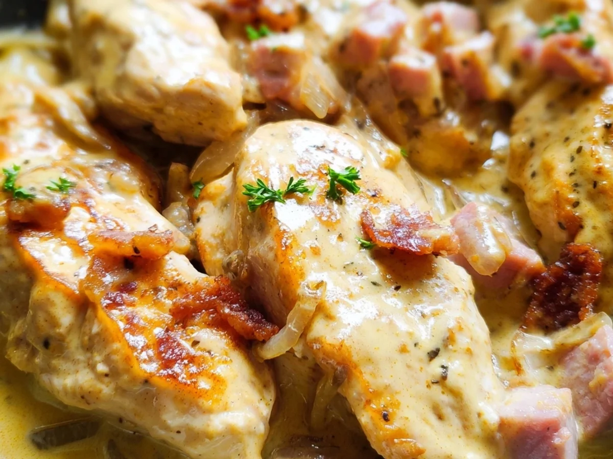Cremiges Honig-Senf-Hähnchen mit Puten-Schinkenwürfeln - Bild 1