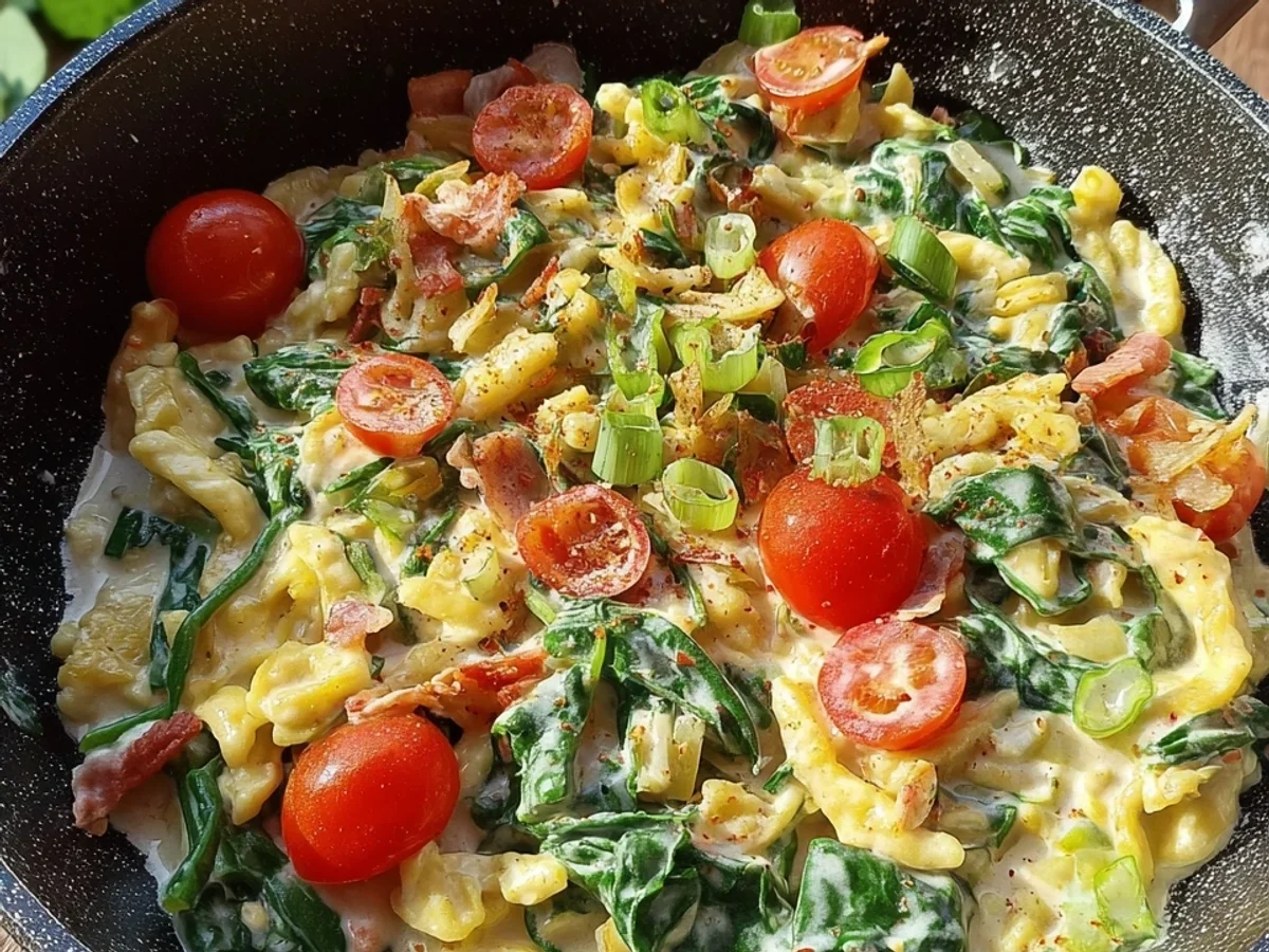 Cremige Spätzle mit Spinat & Tomaten Einfach & Lecker - Beitragsbild