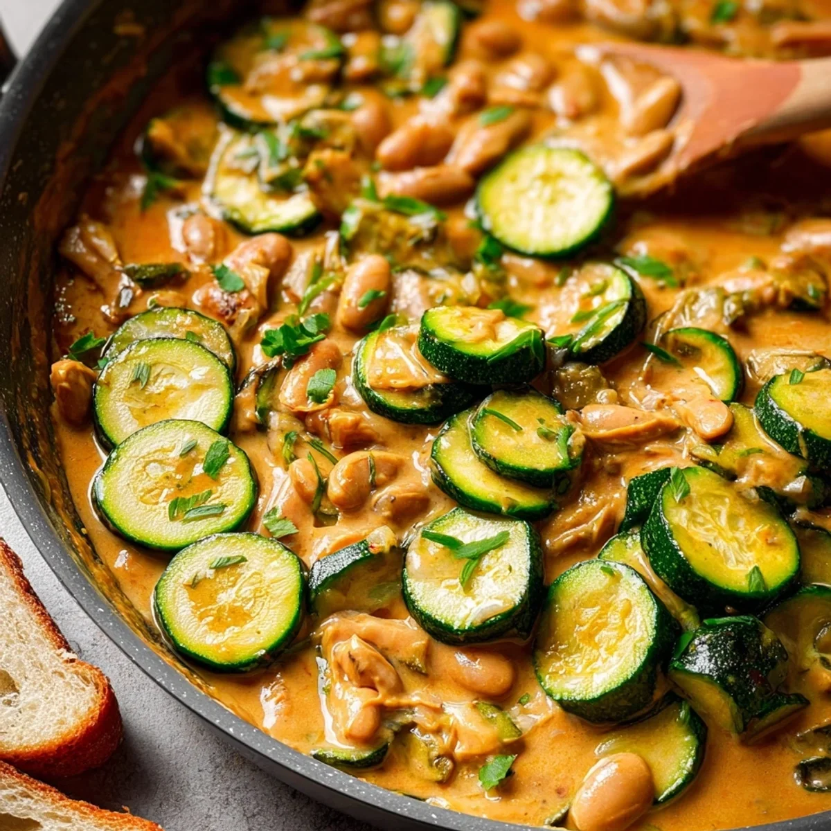 Cremige Zucchini-Bohnenpfanne mit Erdnussbutter-Sauce