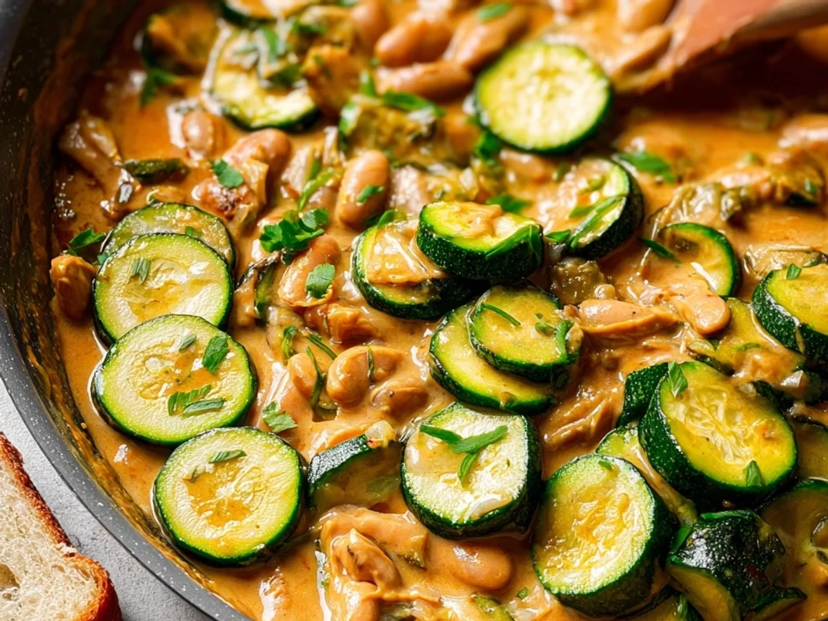 Cremige Zucchini-Bohnenpfanne mit Erdnussbutter-Sauce - Beitragsbild