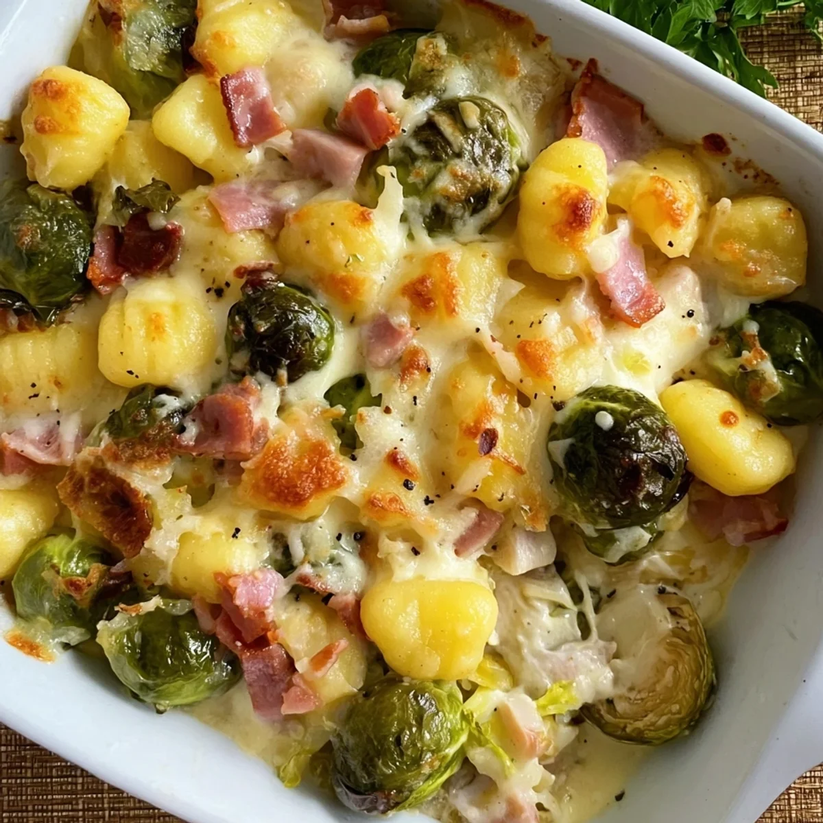 Cremiger Gnocchi Auflauf mit Rosenkohl & Puten-Schinken