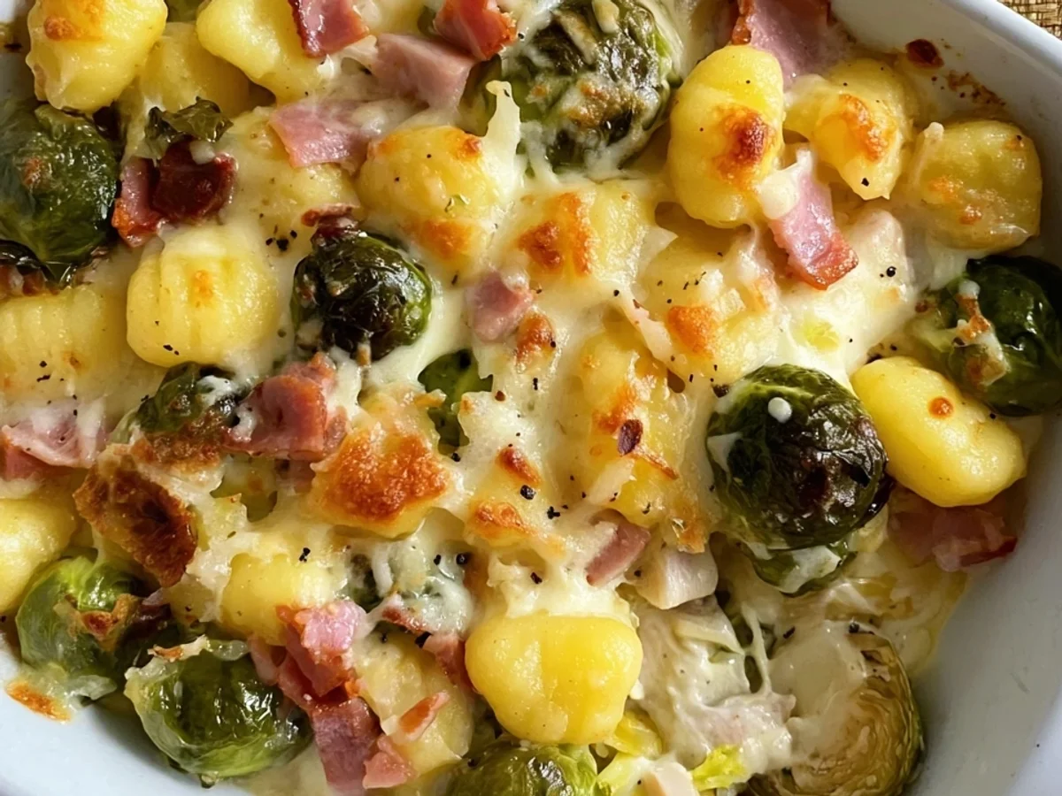 Cremiger Gnocchi Auflauf mit Rosenkohl & Puten-Schinken - Beitragsbild