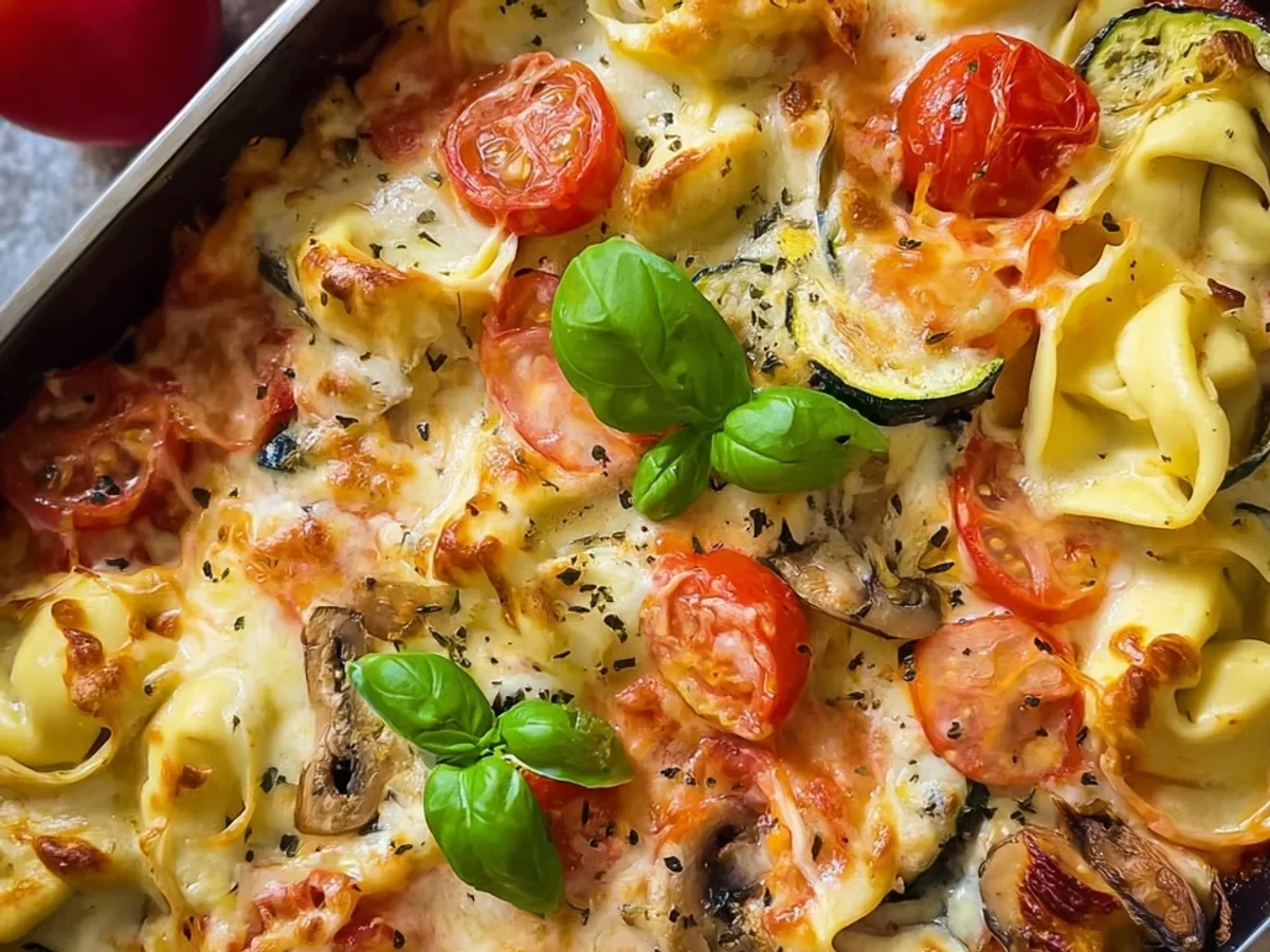 Cremiger Vegetarischer Tortellini Auflauf - Beitragsbild