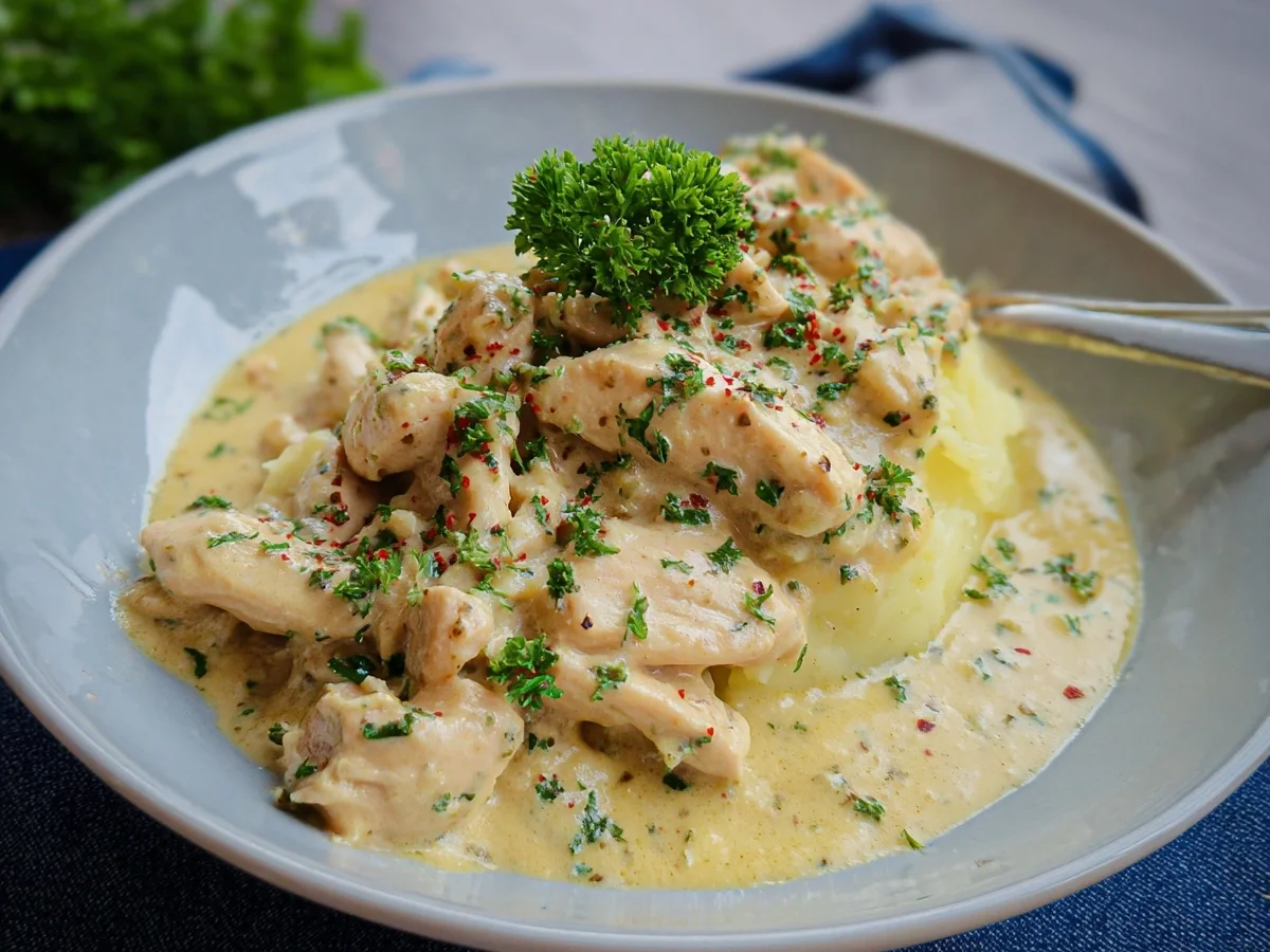 Cremiges Hähnchengeschnetzeltes in Frischkäsesauce - Beitragsbild