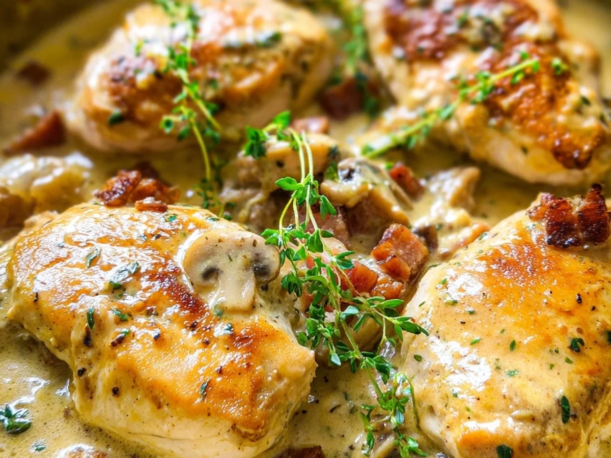 Cremiges Honig-Senf-Hähnchen mit Puten-Schinkenwürfeln - Beitragsbild