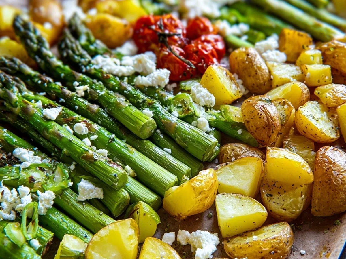 Grüner Spargel aus dem Ofen mit Feta & Kartoffeln - Beitragsbild