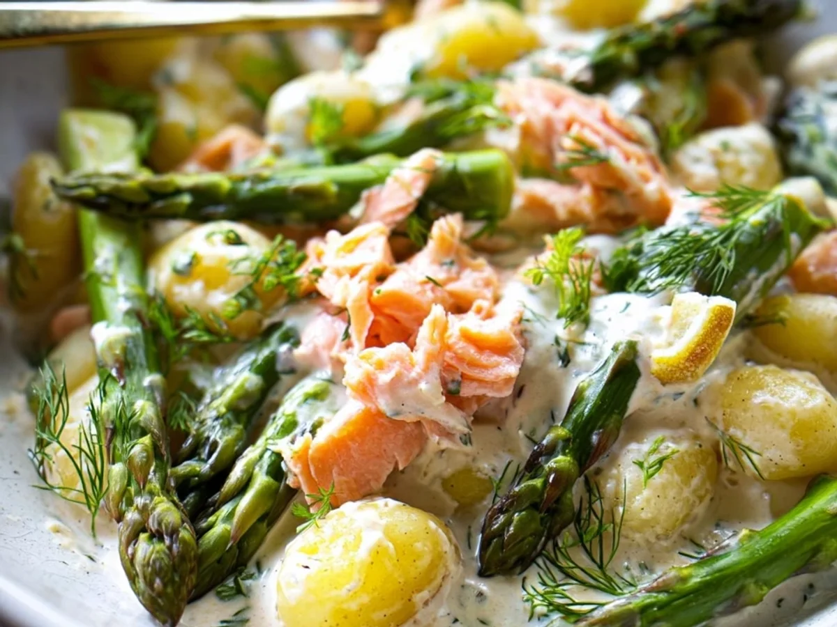 Grüner Spargel mit Lachs & Gnocchi aus dem Ofen - Beitragsbild
