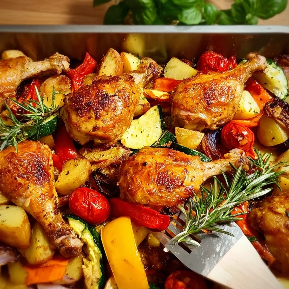 Honig-Hähnchenkeulen mit Ofengemüse