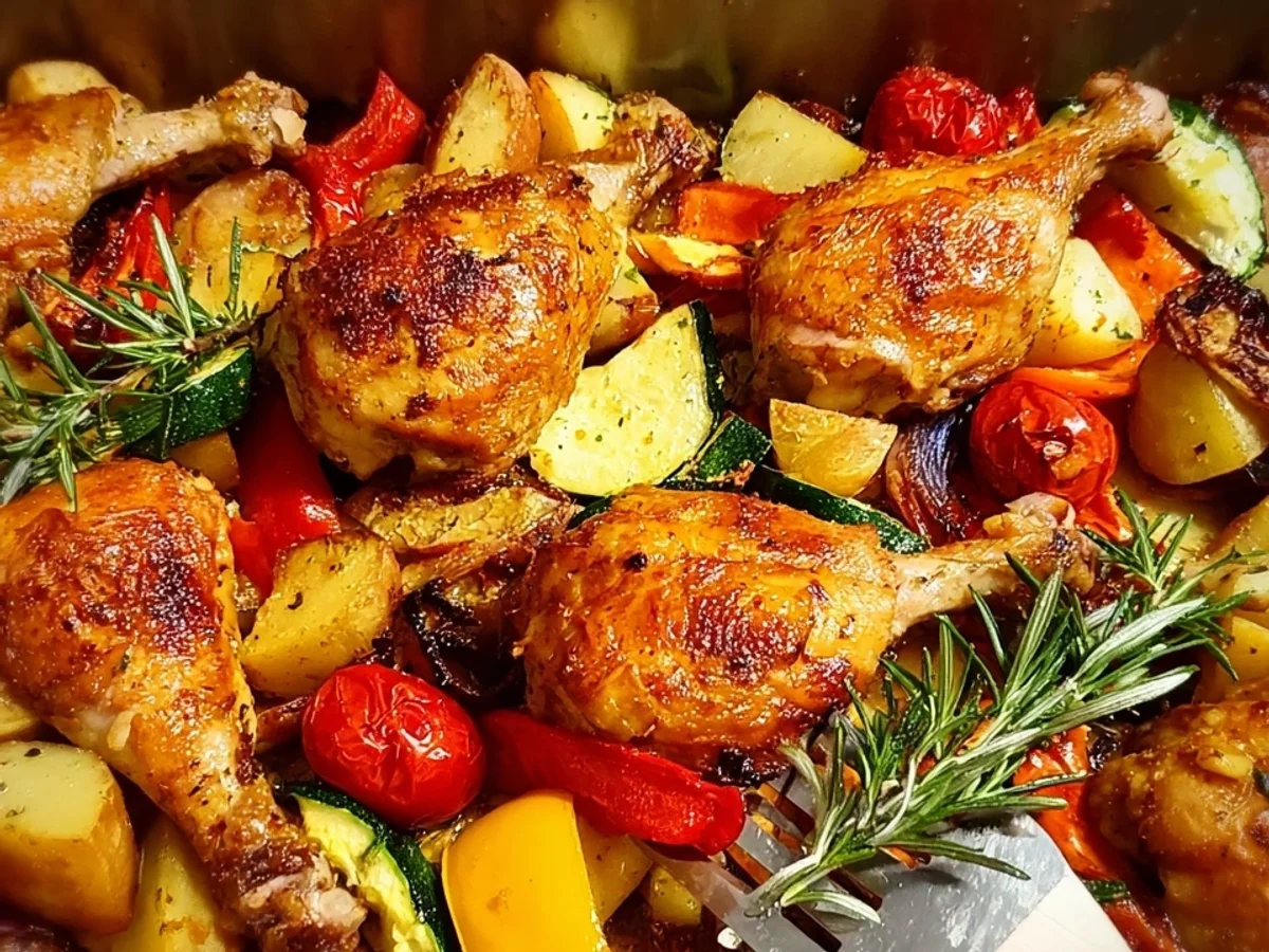 Honig-Hähnchenkeulen mit Ofengemüse - Beitragsbild