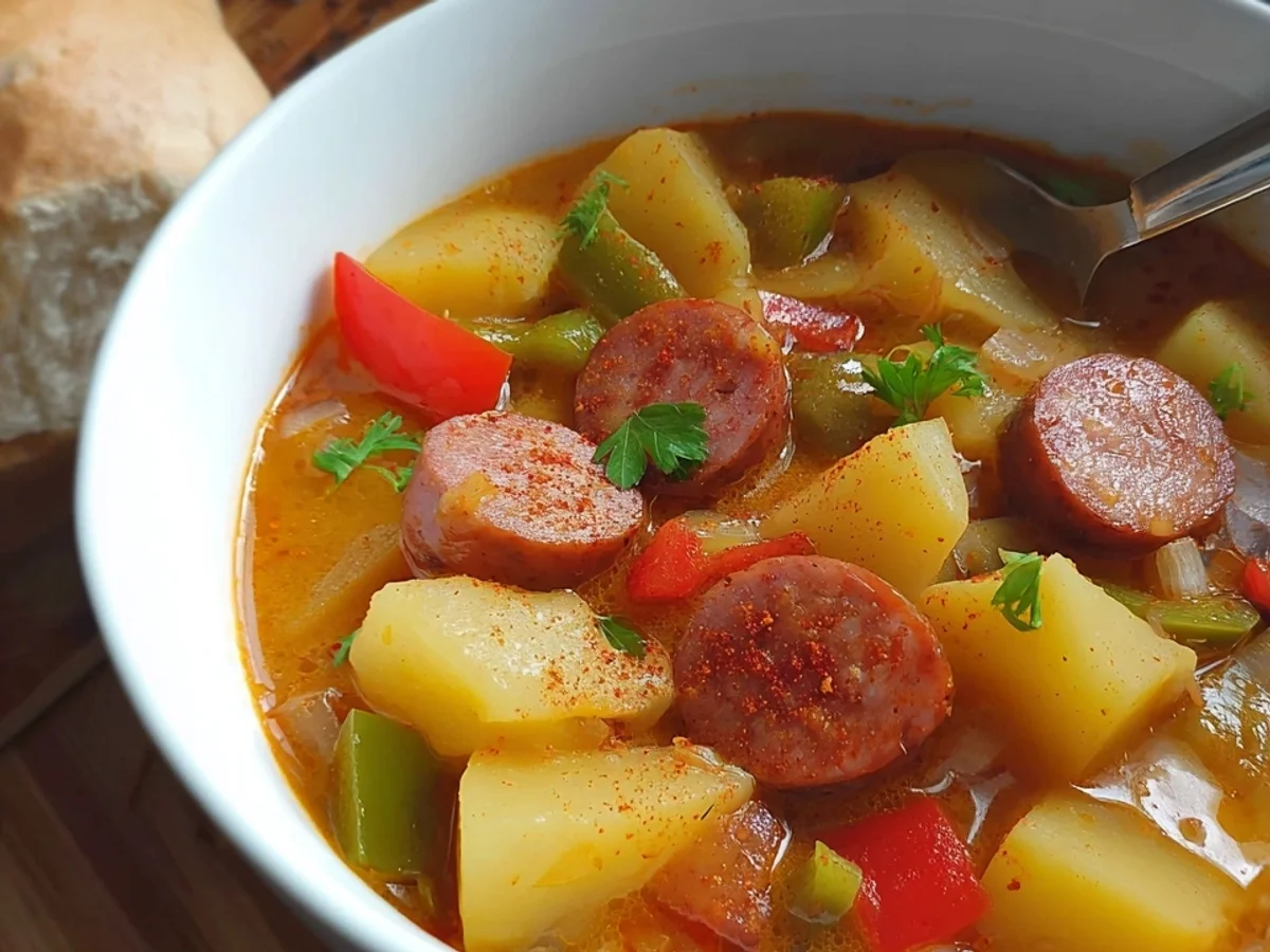 Kartoffelgulasch mit Würstchen: Einfaches & schnelles Rezept - Beitragsbild