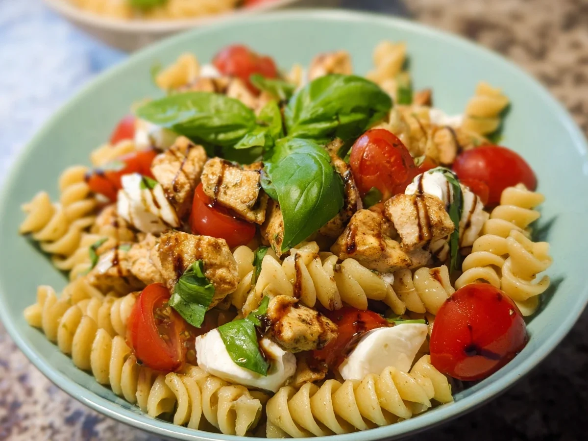 Nudelsalat Caprese mit Hähnchenwürfeln - Beitragsbild