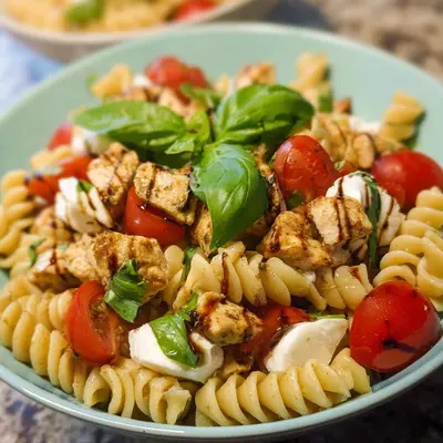Nudelsalat Caprese mit Hähnchenwürfeln