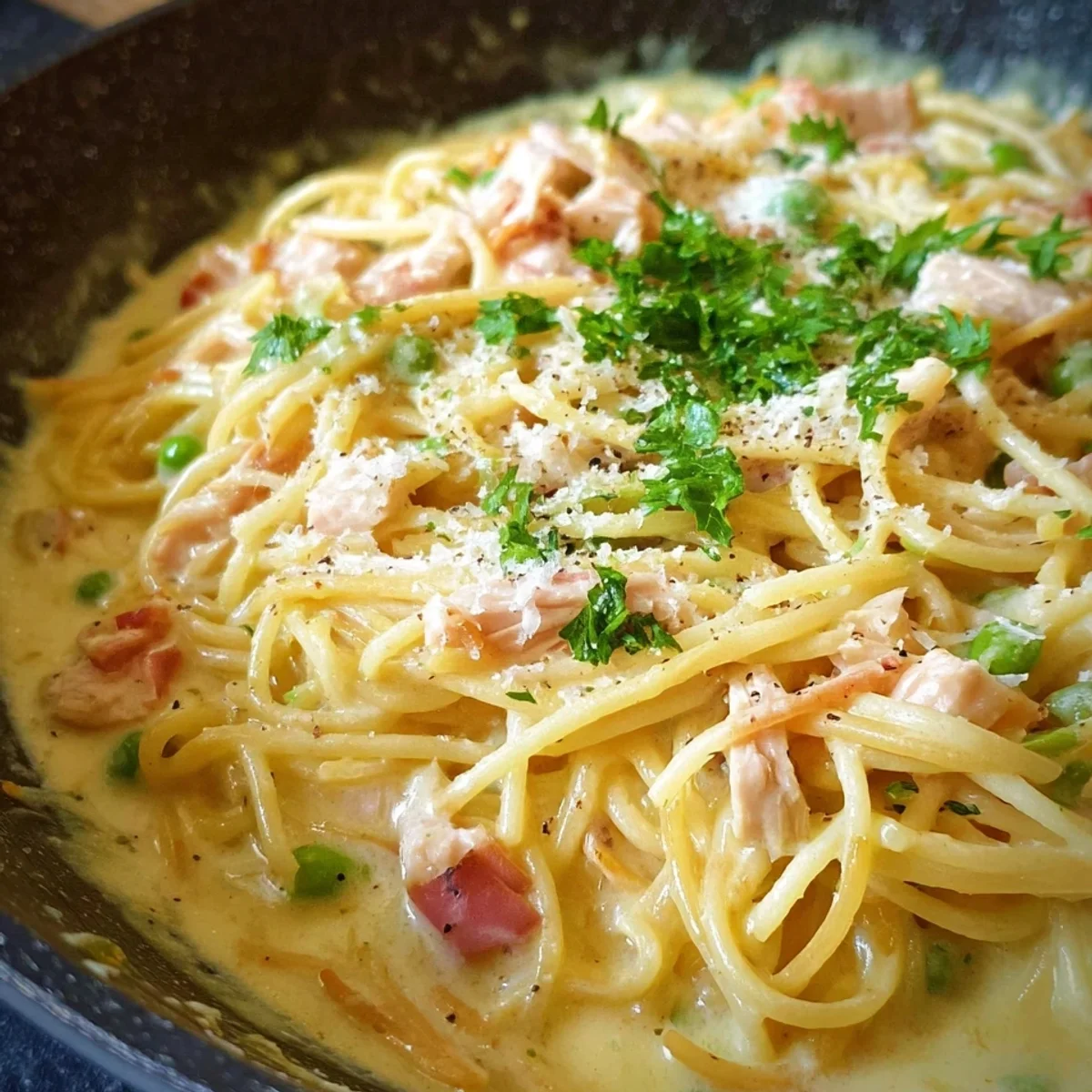 One Pot Spaghetti mit Puten-Schinken-Sahne-Soße