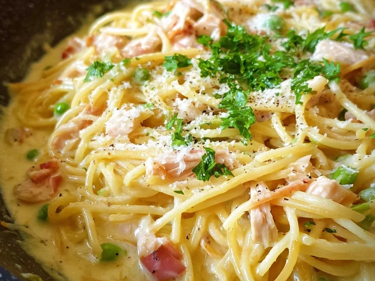 One Pot Spaghetti mit Puten-Schinken-Sahne-Soße - Beitragsbild