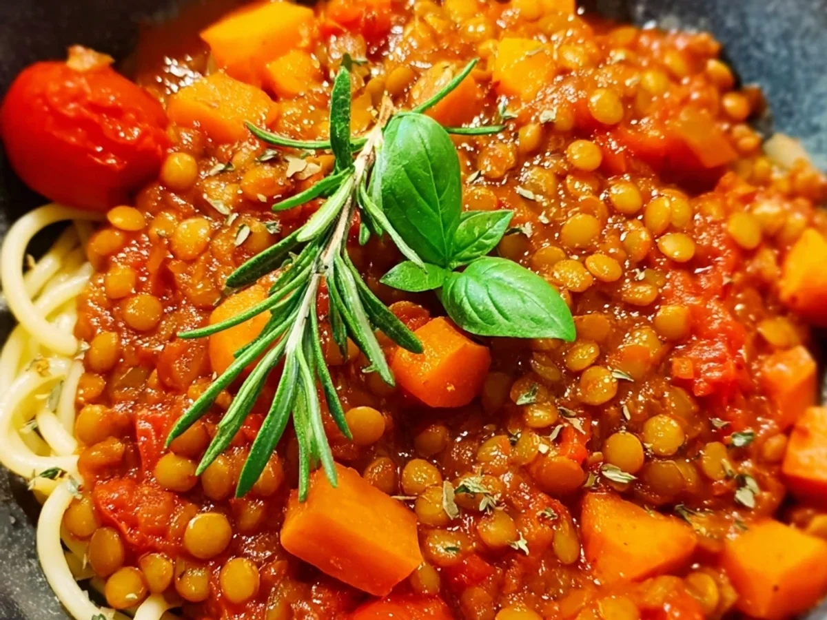 Rote Linsen-Bolognese: Vegan, schnell & einfach zubereitet - Beitragsbild