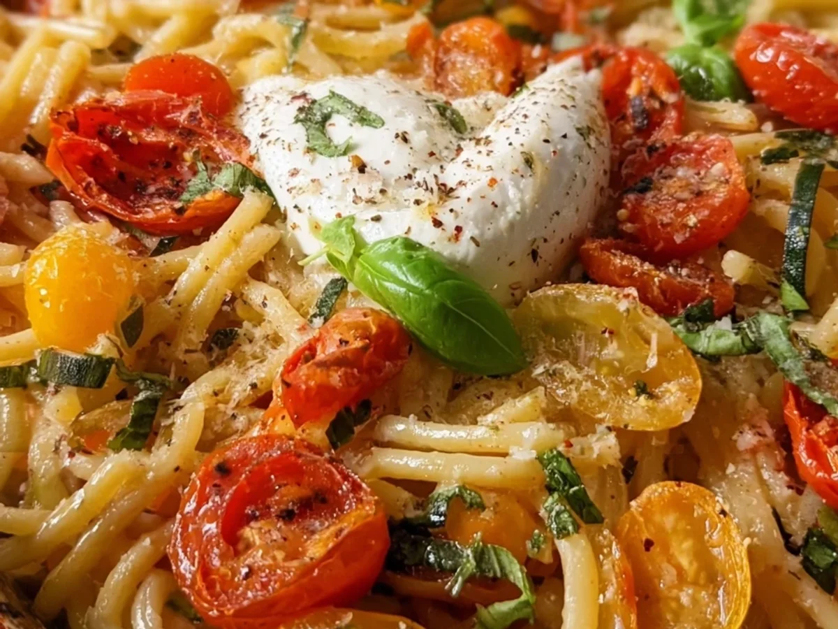 Schnelle Burrata Pasta aus dem Ofen mit Tomaten - Beitragsbild