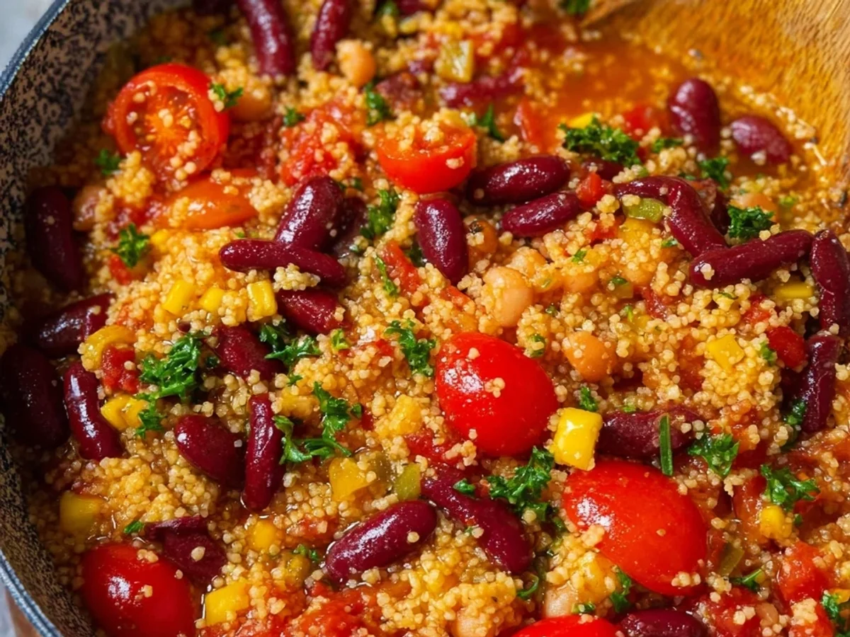 Schnelle Couscous-Pfanne mit Tomaten & Kidneybohnen - Beitragsbild