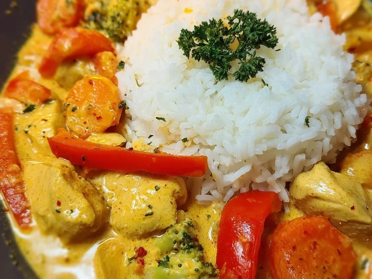 Schnelles Hähnchencurry: Cremig, einfach & lecker mit Reis - Beitragsbild