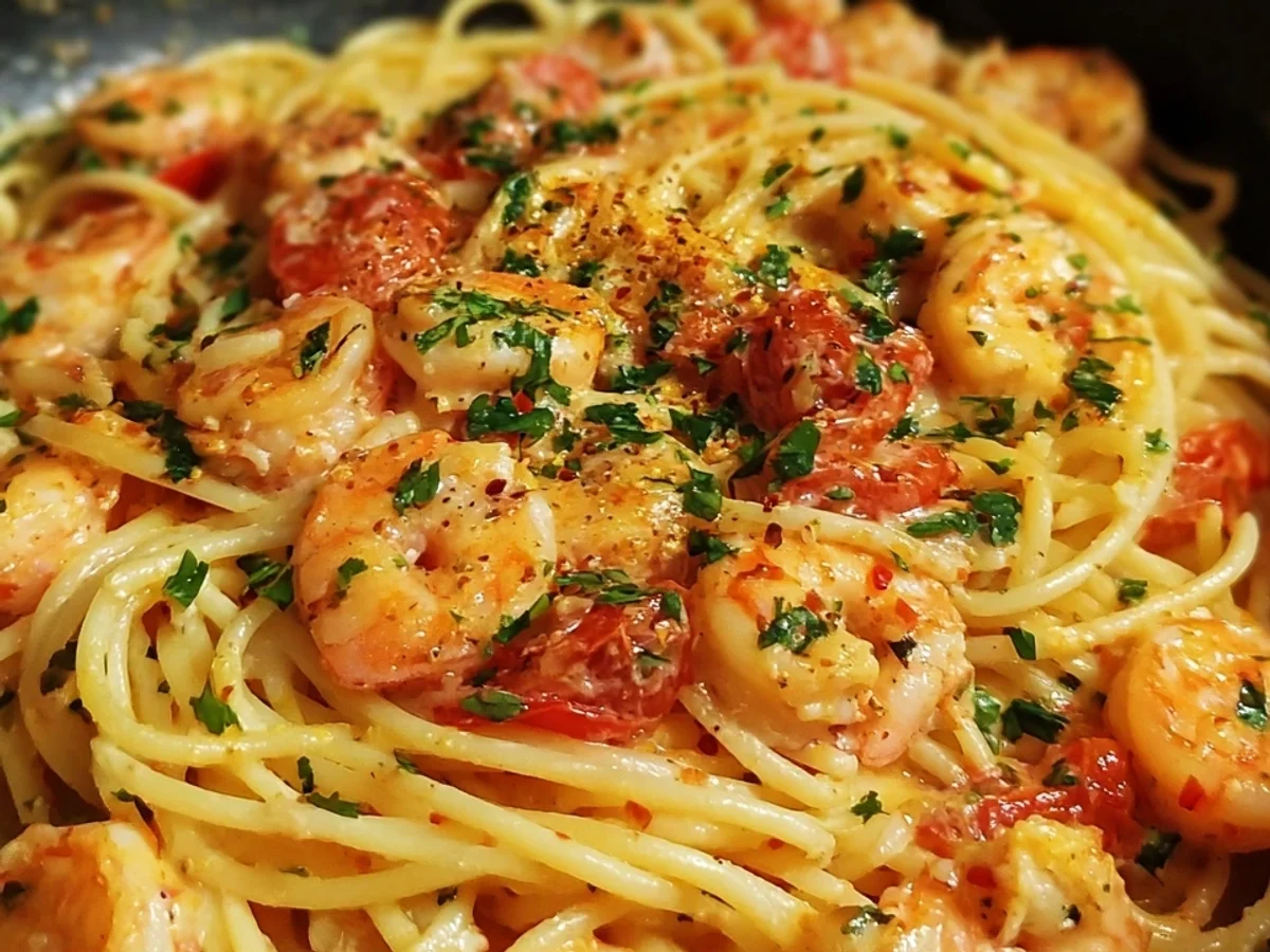Spaghetti mit Garnelen: Cremige Tomaten Sahne Soße - Beitragsbild
