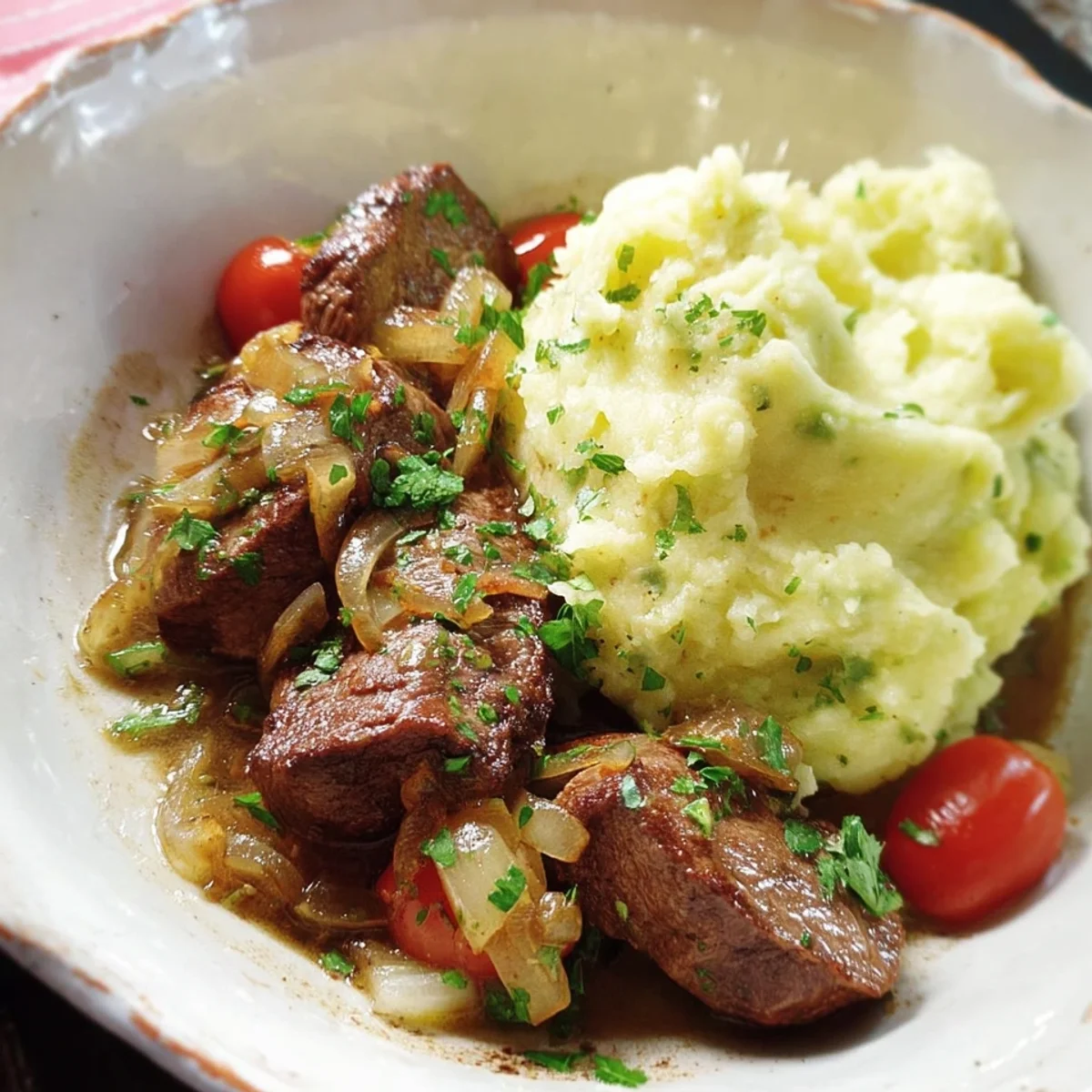 Zarte Steak-Pfanne mit cremigem Püree