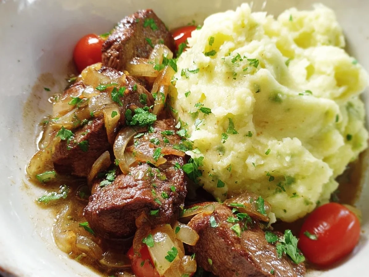 Zarte Steak-Pfanne mit cremigem Püree - Beitragsbild