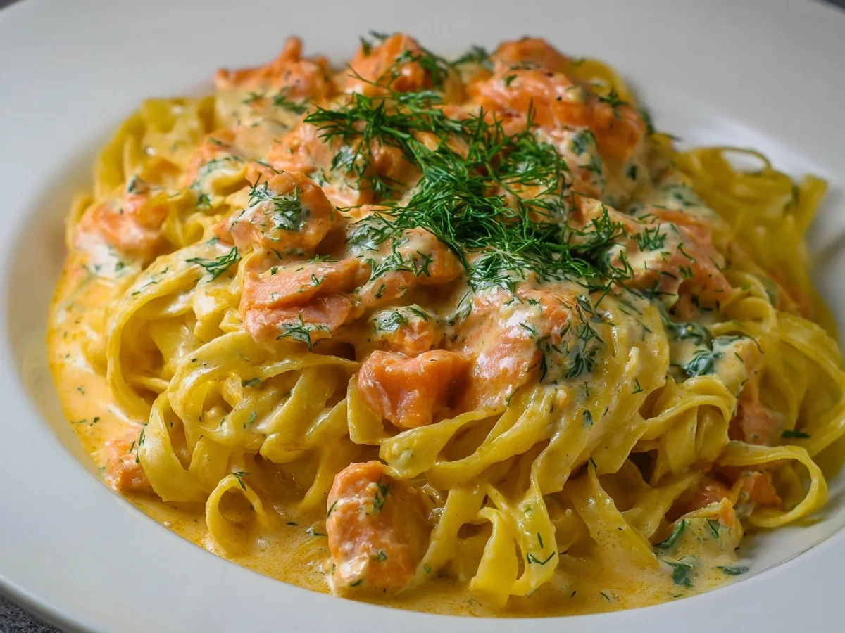 Bandnudeln mit Lachs in cremiger Sahnesoße schnell & lecker - Bild 1