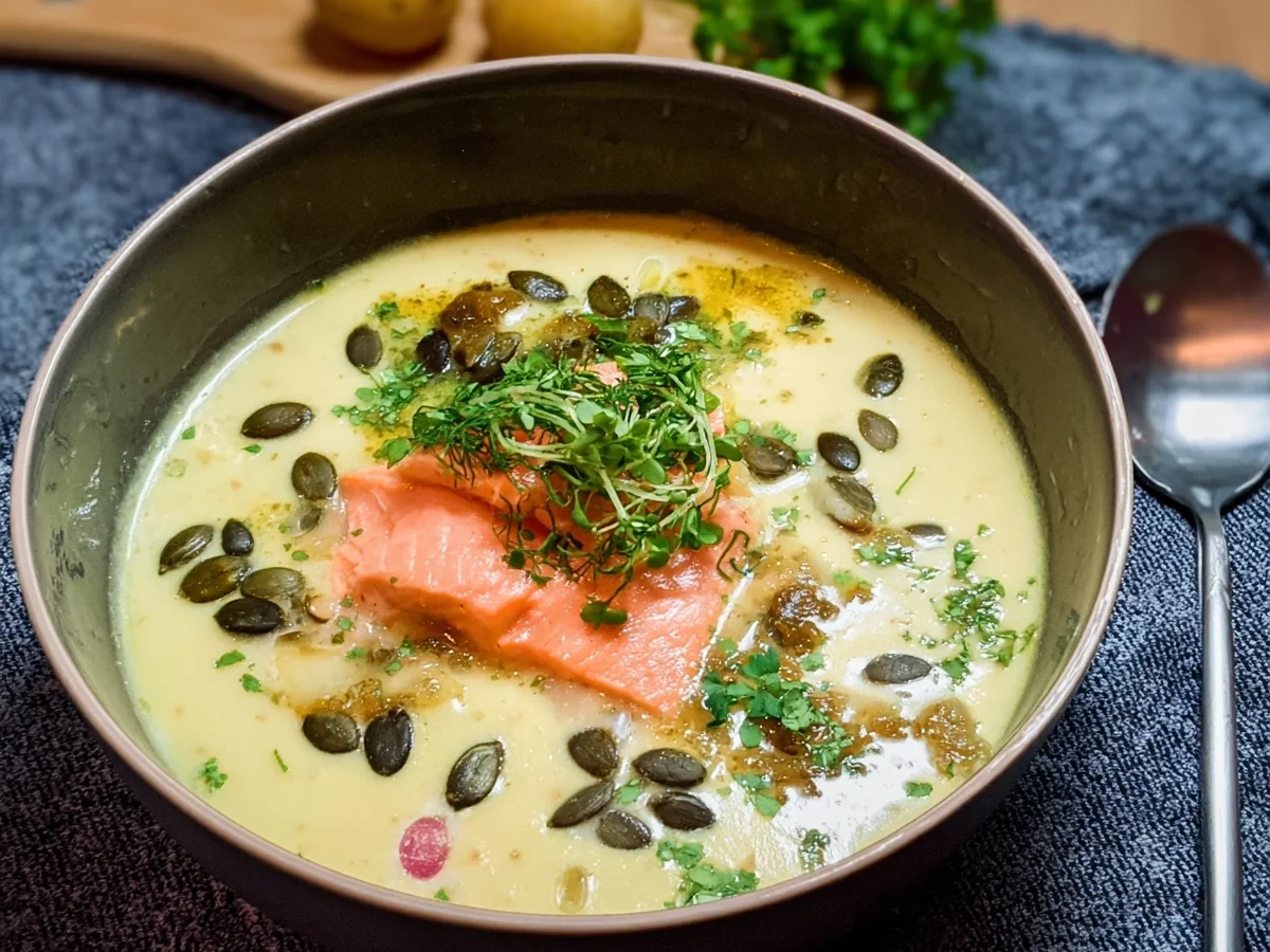 Cremige Kartoffelsuppe mit Lachs & Kürbiskernen - Bild 2
