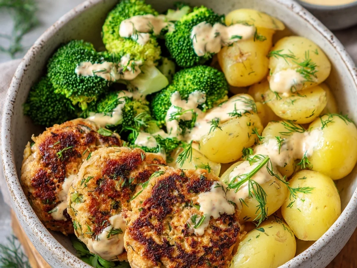 Cremige SoFisch Burger Senfkartoffel Bowl mit Brokkoli - Bild 1