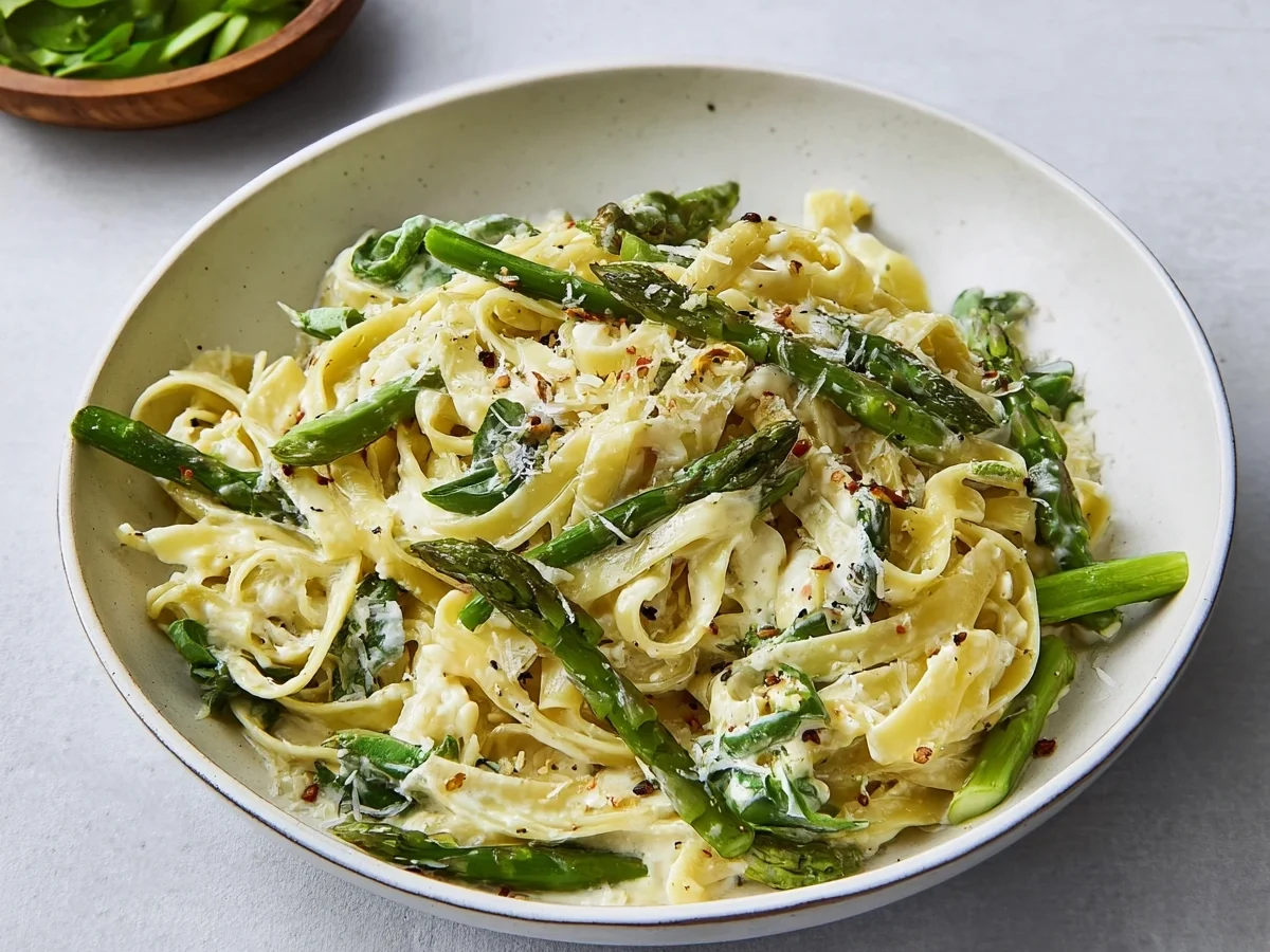 Cremige Tagliatelle mit grünem Spargel Einfaches Frühlingsgericht - Bild 1