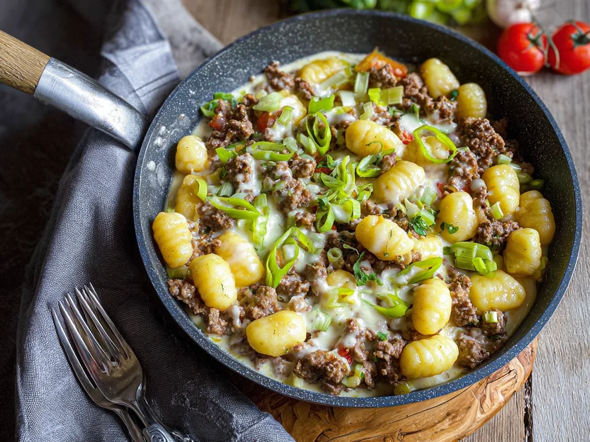 Schnelle Gnocchi Hackfleisch Pfanne mit Lauch & Käse - Bild 1