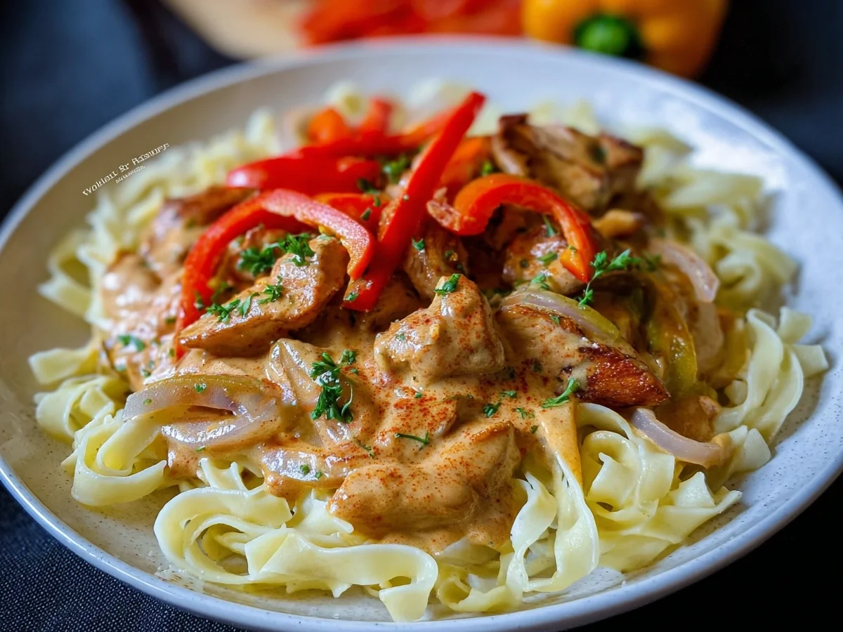 Schnelles Paprika Sahne Hähnchen mit Bandnudeln - Bild 1