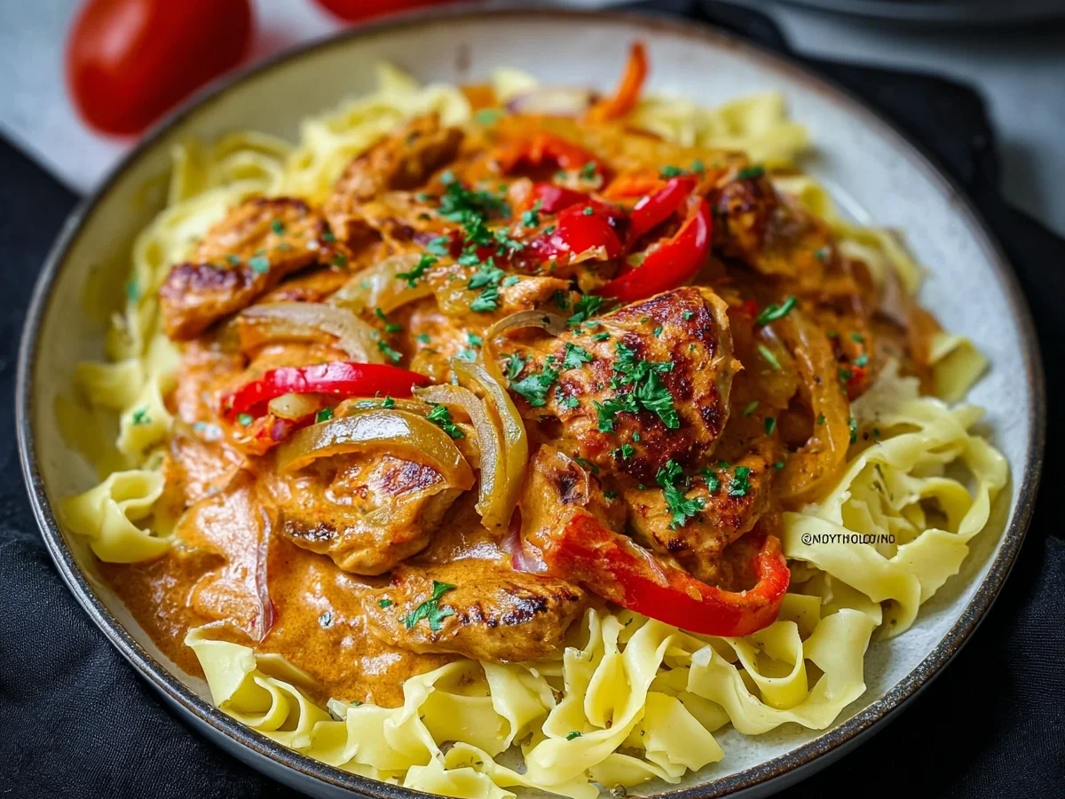 Schnelles Paprika Sahne Hähnchen mit Bandnudeln - Bild 2