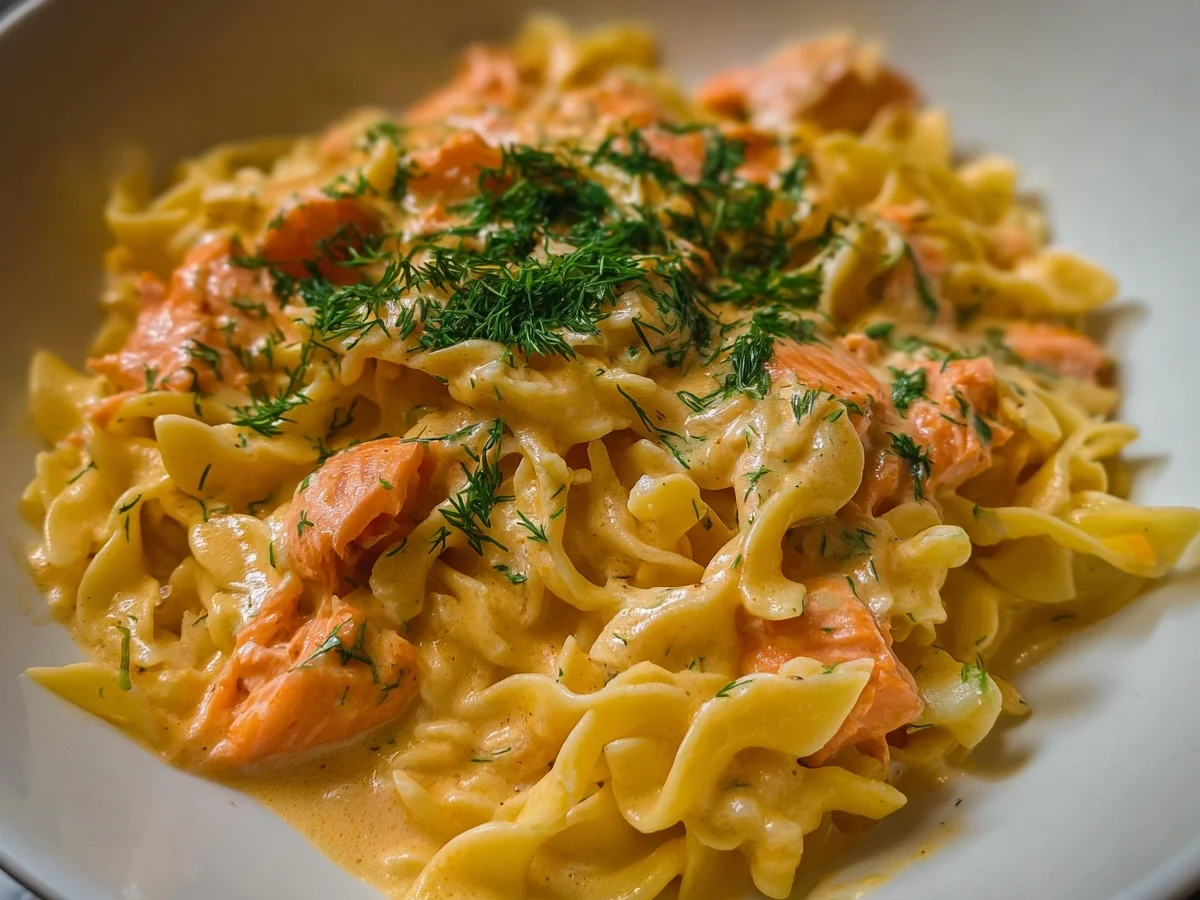 Bandnudeln mit Lachs in cremiger Sahnesoße schnell & lecker - Beitragsbild