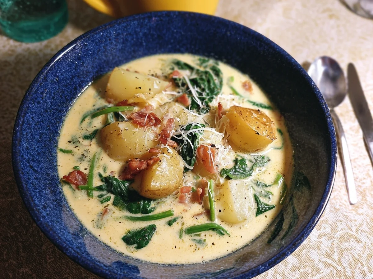 Cremige Bratkartoffelsuppe mit Spinat: Einfach & lecker - Beitragsbild