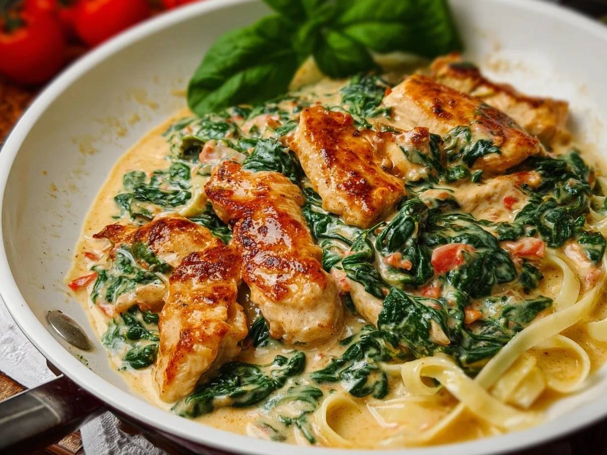 Cremige Hähnchenpfanne mit Spinat & Parmesan Soße - Beitragsbild
