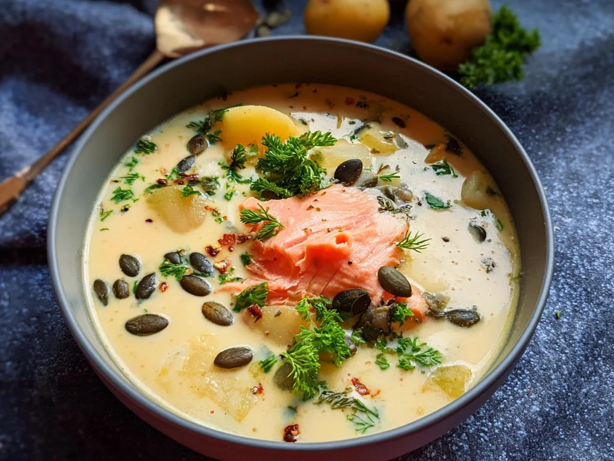 Cremige Kartoffelsuppe mit Lachs & Kürbiskernen - Beitragsbild