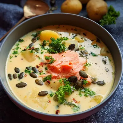 Cremige Kartoffelsuppe mit Lachs & Kürbiskernen