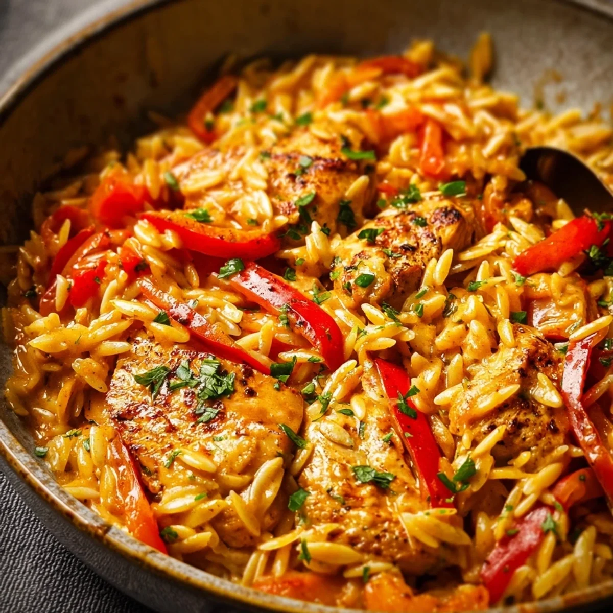 Cremige Orzo Pfanne mit Paprikahähnchen