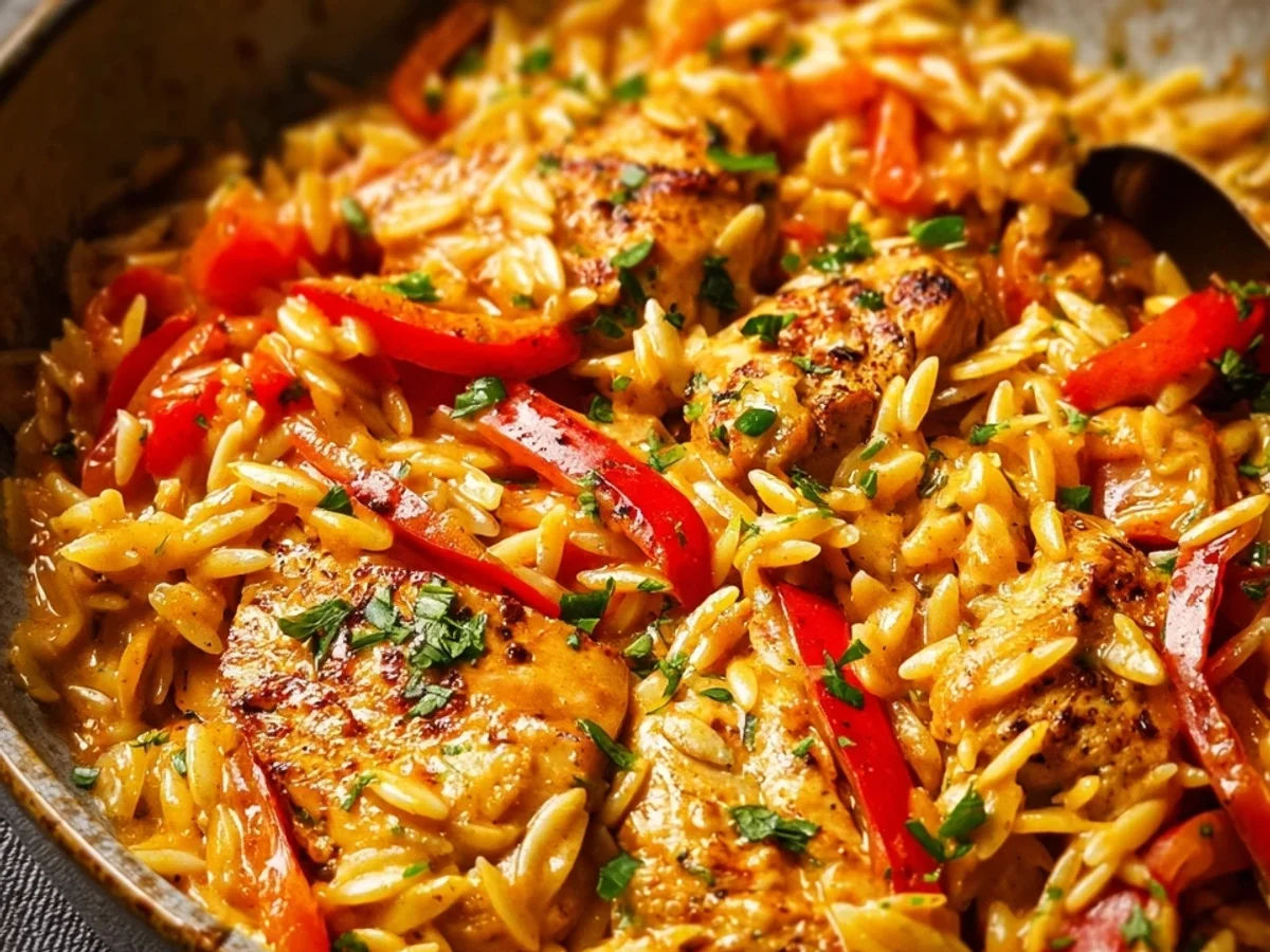 Cremige Orzo Pfanne mit Paprikahähnchen - Beitragsbild
