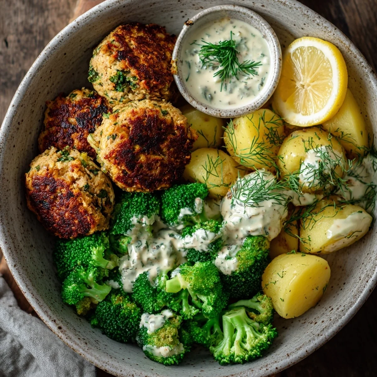 Cremige SoFisch Burger Senfkartoffel Bowl mit Brokkoli
