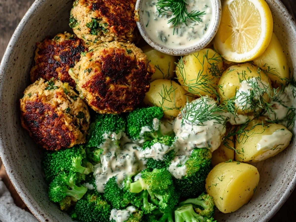 Cremige SoFisch Burger Senfkartoffel Bowl mit Brokkoli - Beitragsbild