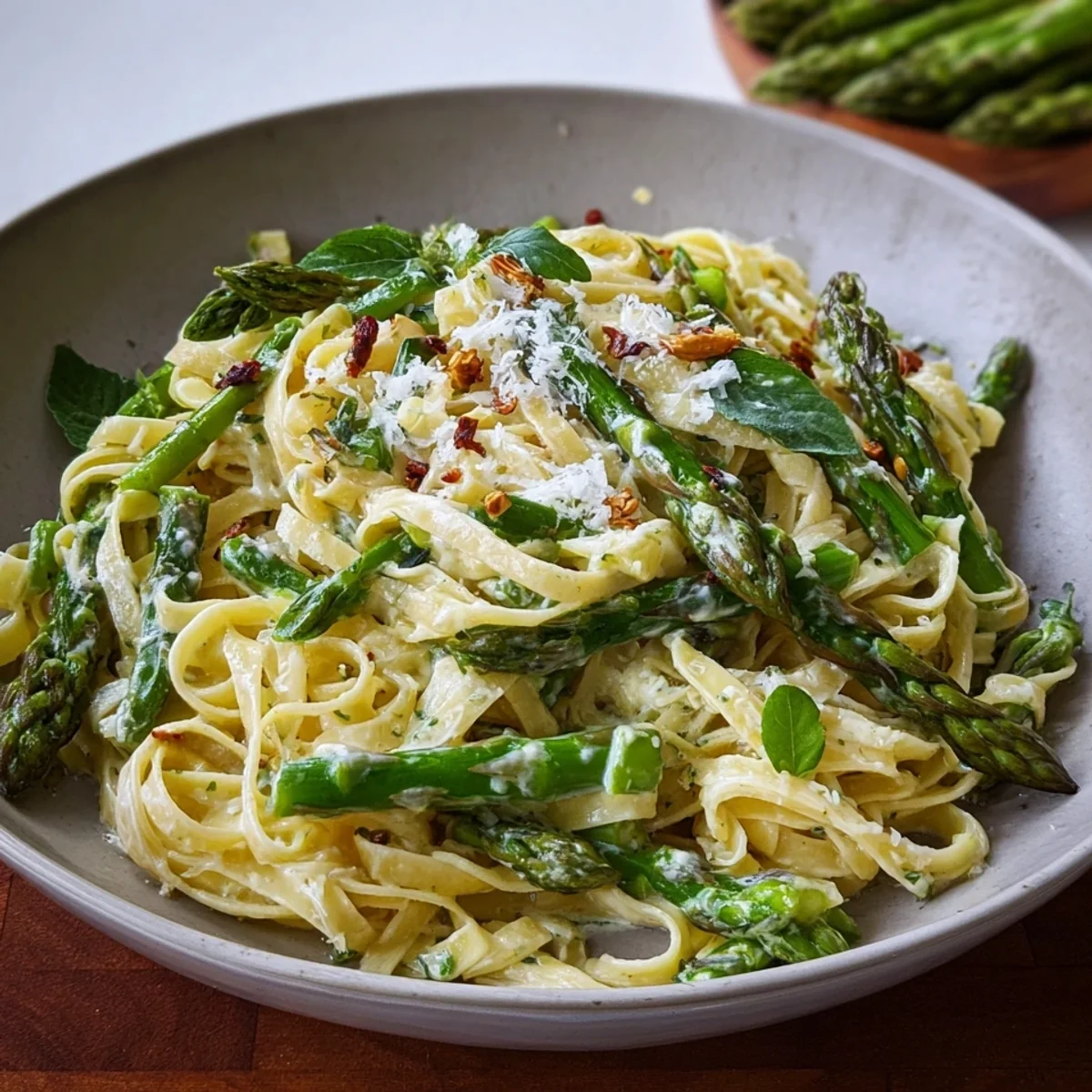 Cremige Tagliatelle mit grünem Spargel Einfaches Frühlingsgericht