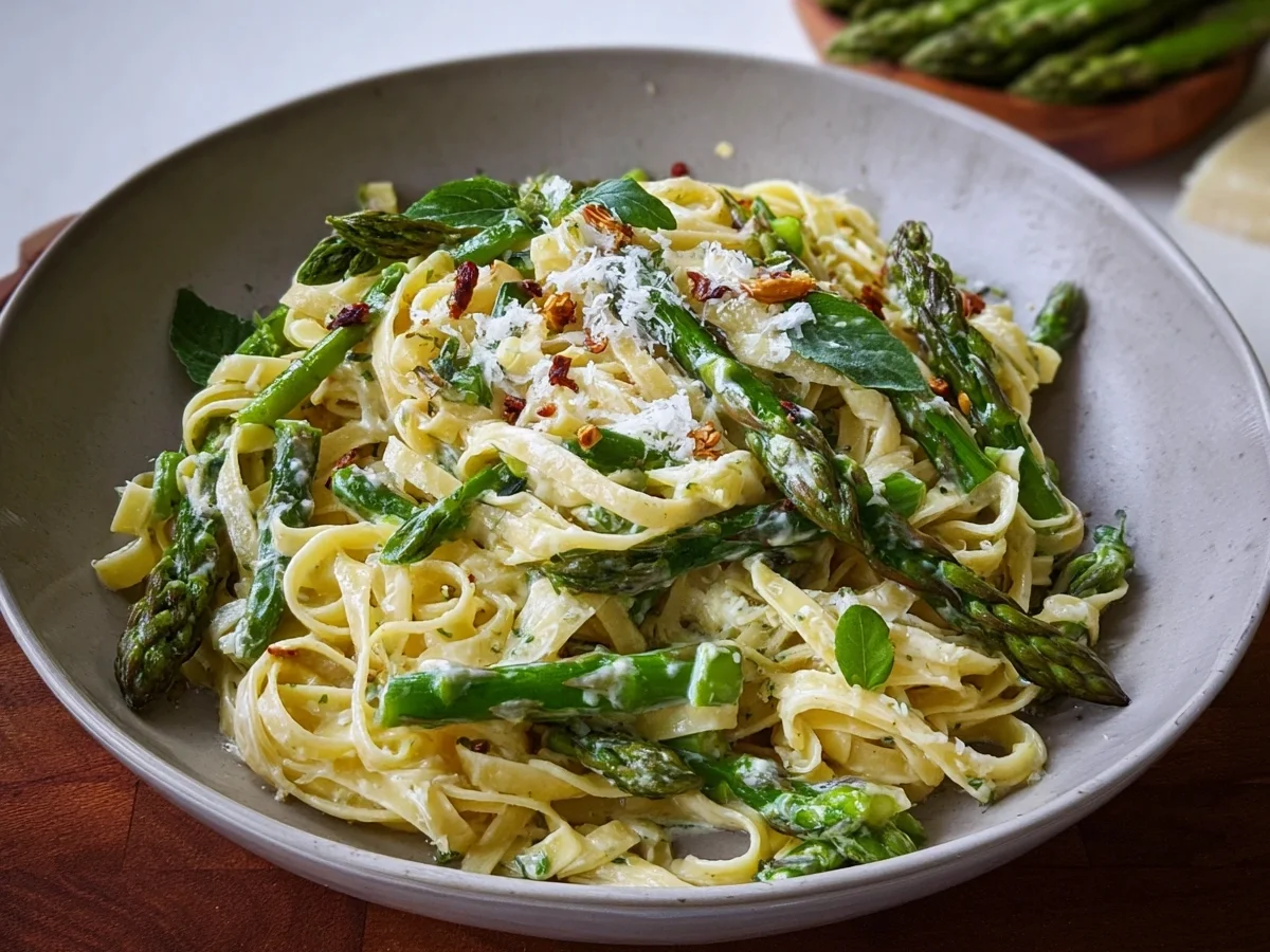 Cremige Tagliatelle mit grünem Spargel Einfaches Frühlingsgericht - Beitragsbild