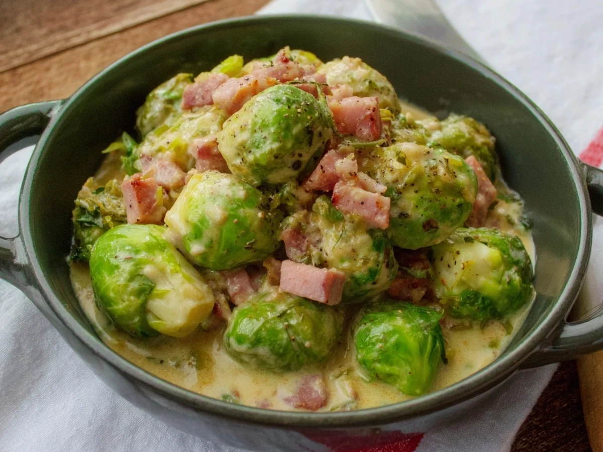 Cremiger Rahm-Rosenkohl mit Truthahn-Schinken Rezept - Beitragsbild