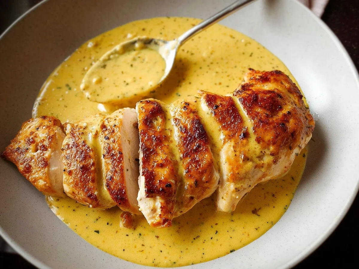 Gebratene Hähnchenbrust mit cremiger Senfsauce - Beitragsbild