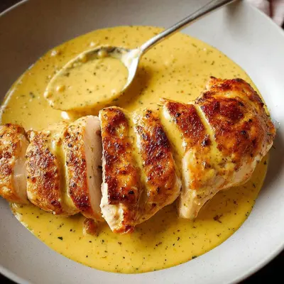 Gebratene Hähnchenbrust mit cremiger Senfsauce