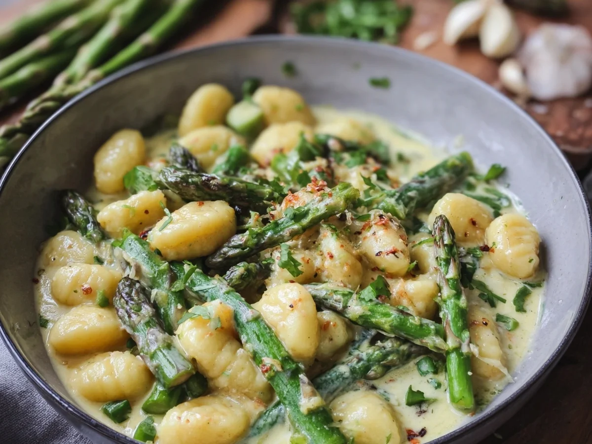 Gnocchi mit grünem Spargel in cremiger Rahmsauce - Beitragsbild