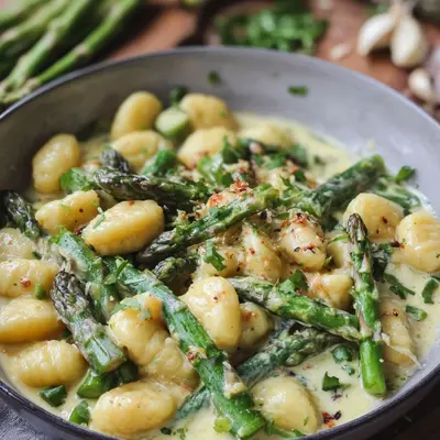 Gnocchi mit grünem Spargel in cremiger Rahmsauce