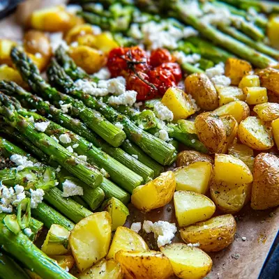 Grüner Spargel aus dem Ofen mit Feta & Kartoffeln