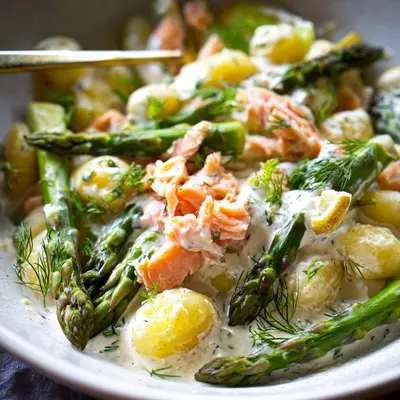 Grüner Spargel mit Lachs & Gnocchi aus dem Ofen